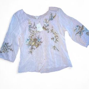 J Jill embroidered semi sheer button up quarter sleeve lavender blush floral top